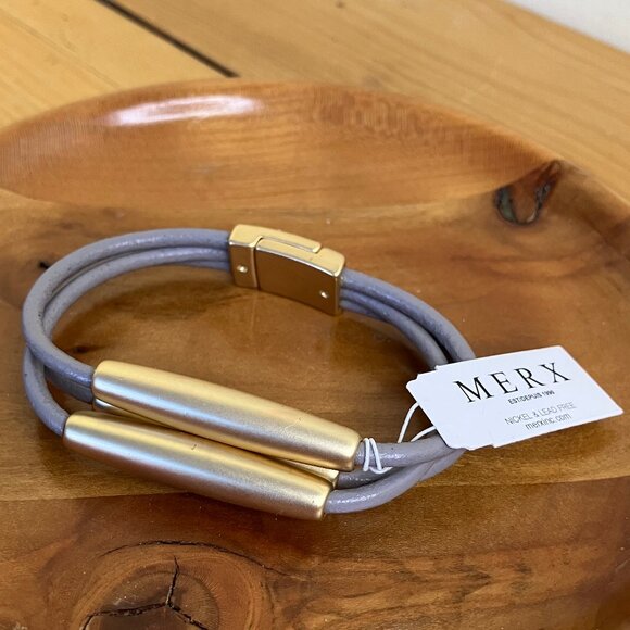 MERX Modern Cord Bracelet with Gold-Tone Tri-Tube Design Magnetic Clasp NWT - Picture 1 of 10